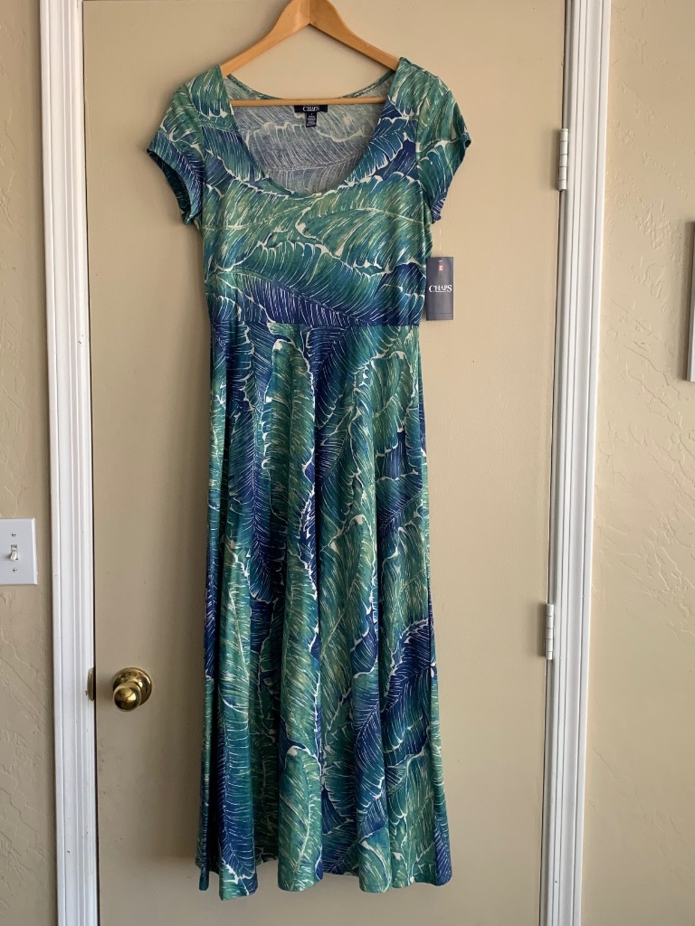 Chaps Tropic Bay Maxi Dress Green Cotton Knit Beach Hawaiian Coastal Sz.M